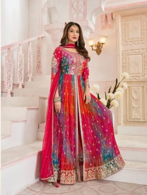Chinon Bottom Crushed plazo Net dupatta border work